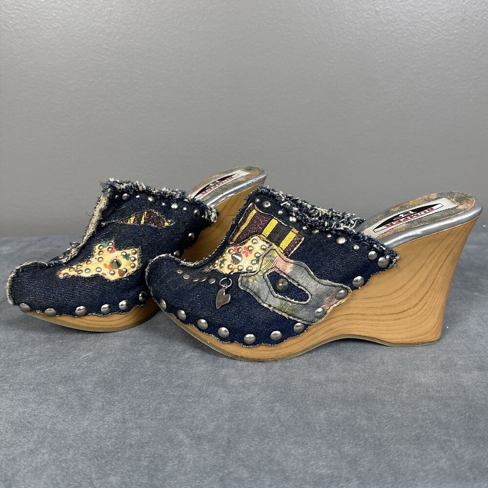Y2K Bumper BP Denim Patchwork Clog Heels Studded Platform Mules Boho Fairycore 6
